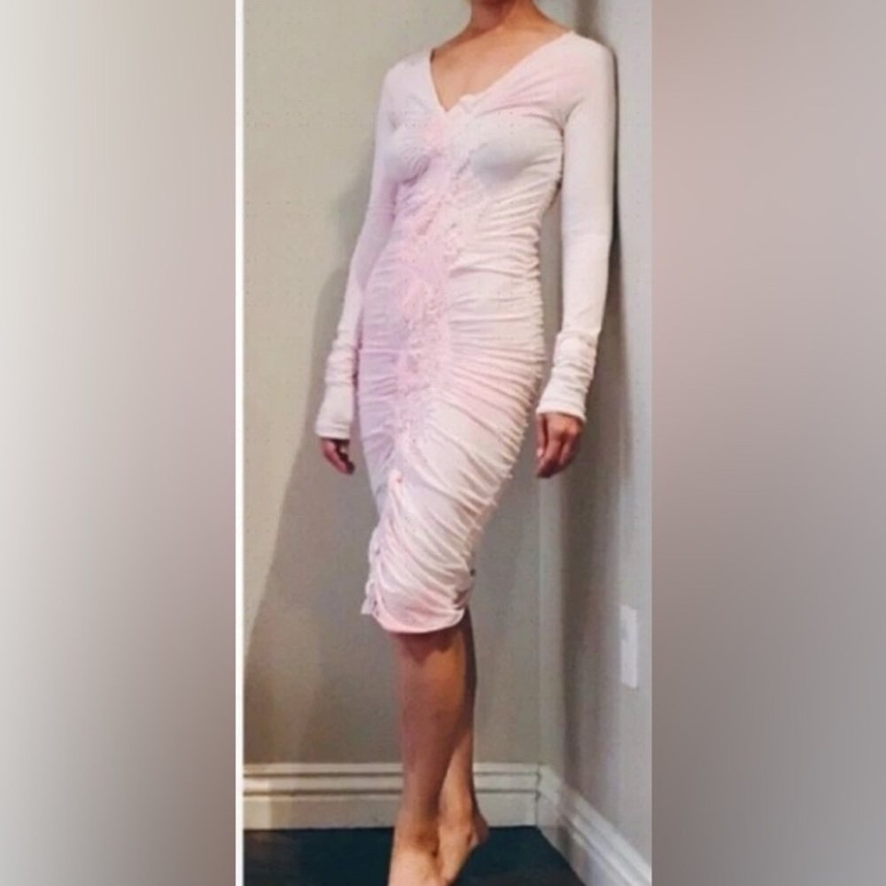 ALL SAINTS Trellis Pink Rose Tie Dye Ruched Long Sleeve Fitted Dress NWOT M/L
